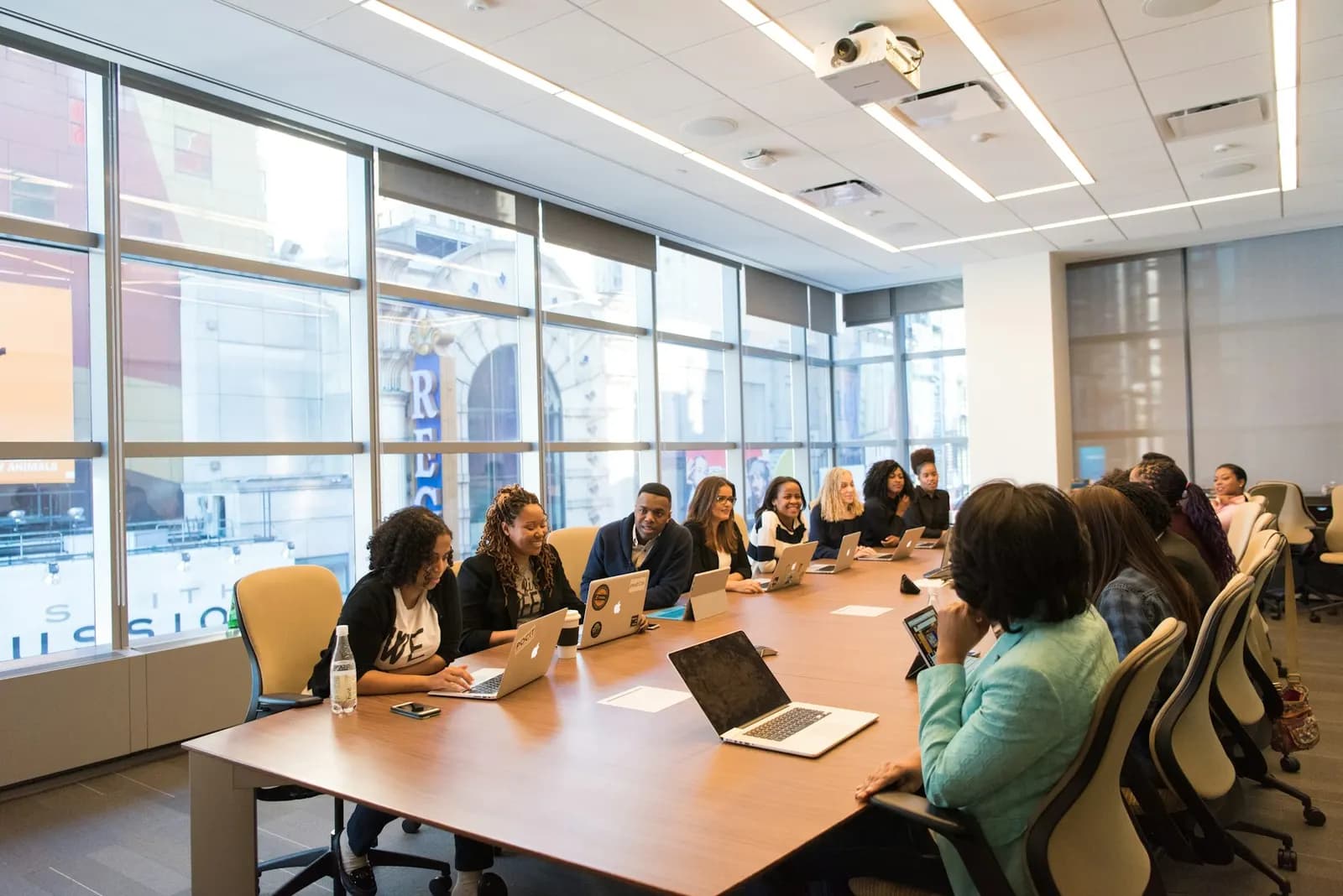 Team meeting in a bright boardroom